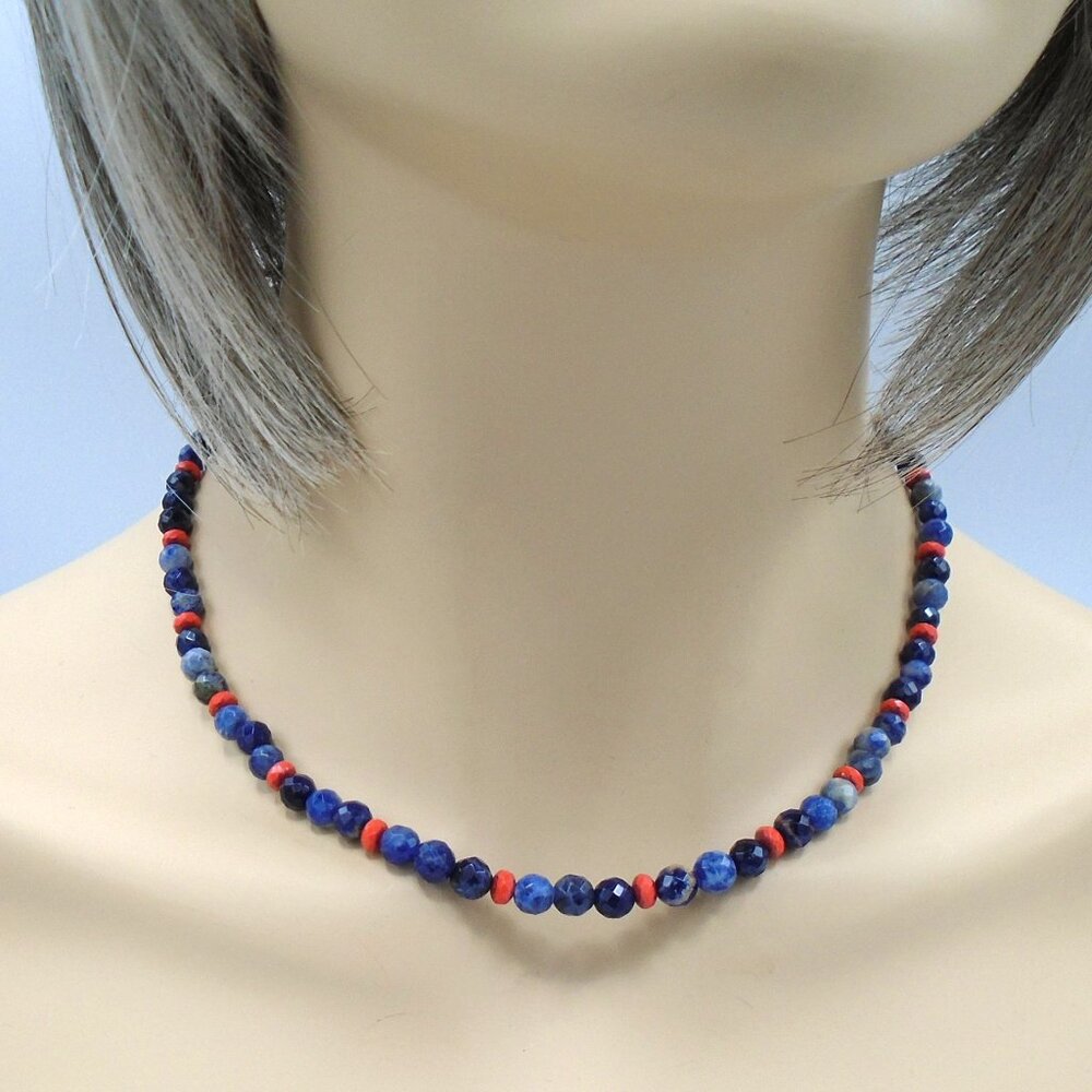 NATURAL SODALITE and Coral Red Czech Glass Necklace